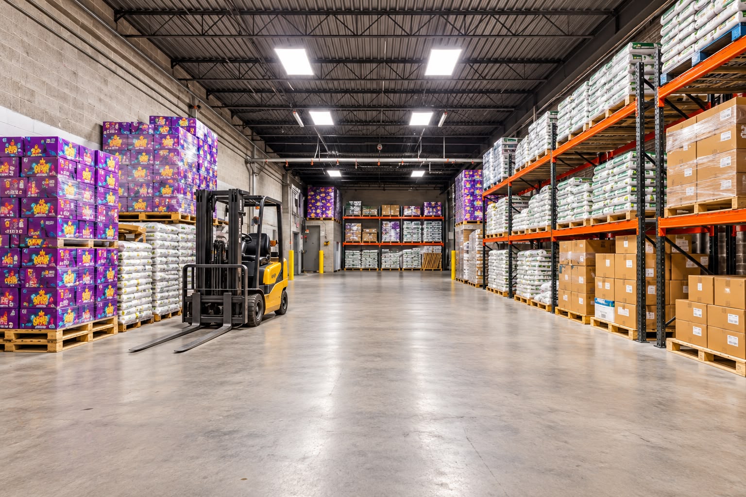 Forklift in a racked aisle of palletized goods at the JA Philadelphia warehouse